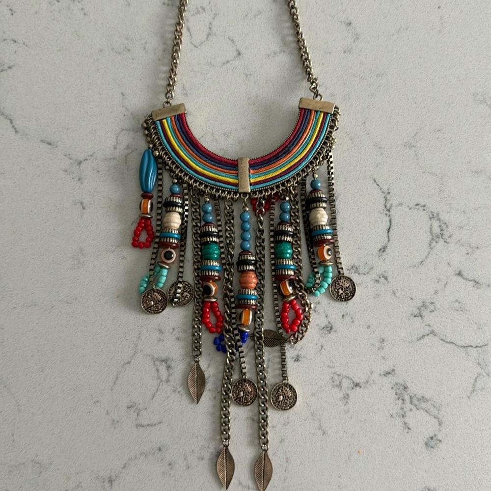 statement upside down rainbow beaded chunky tribal gold necklace